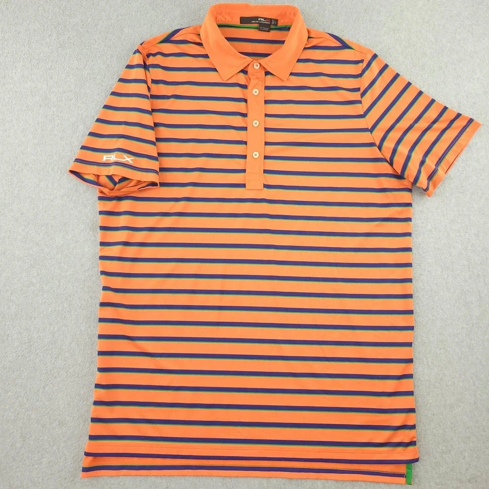 RLX Ralph Lauren Polo Shirt Mens L Orange Stripe Golf Performance Stretch Top